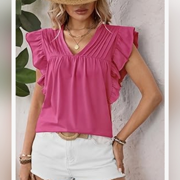 Pink Ruffled V-Neck Women's Top Size Small - Picture 2 of 5
